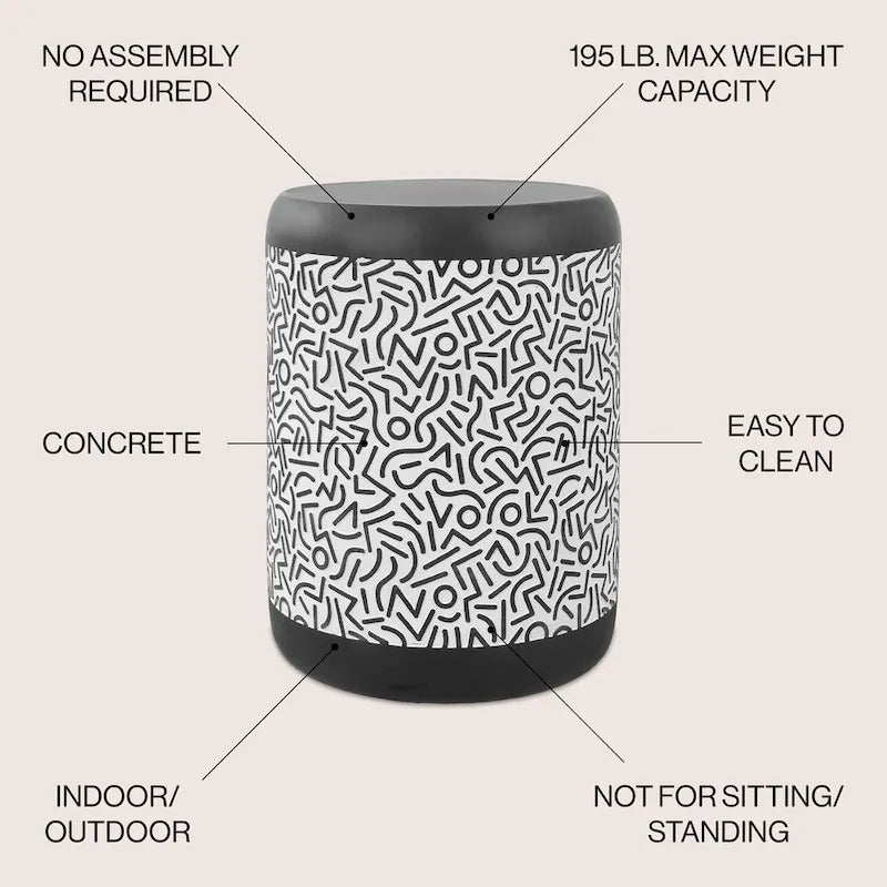 Kiri 17.75 Modern Bohemian Geometric Drum Garden Stool, Black/White, by JONATHAN Y