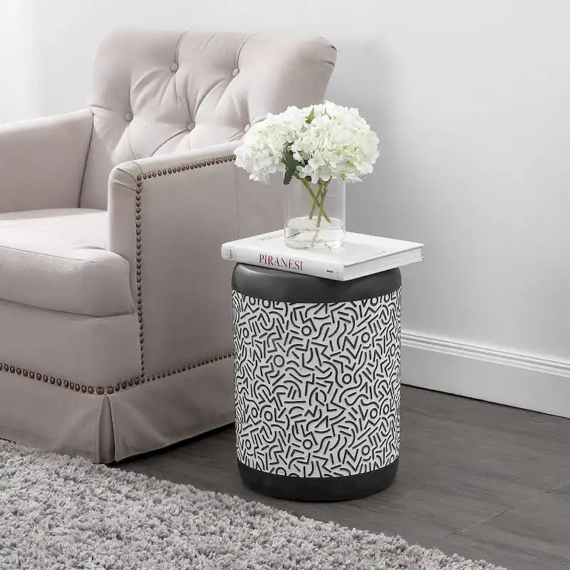 Kiri 17.75 Modern Bohemian Geometric Drum Garden Stool, Black/White, by JONATHAN Y