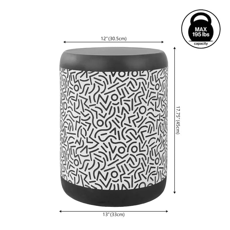 Kiri 17.75 Modern Bohemian Geometric Drum Garden Stool, Black/White, by JONATHAN Y