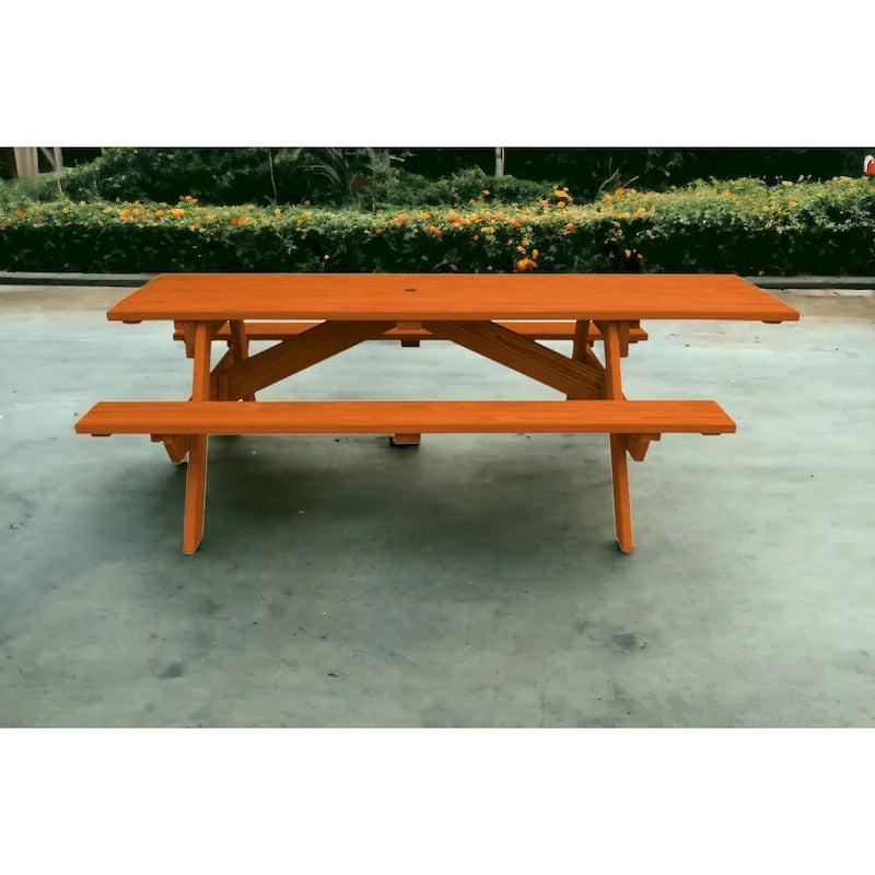 HomeRoots 94 Redwood Solid Wood Outdoor Picnic Table with Umbrella Hole