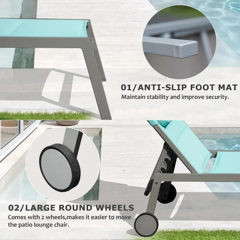 Outdoor Patio Chaise Lounge Set Of 3, Aluminum Pool Lounge Chairs With And Wheels, Textilene Padded Adjustable Recliner