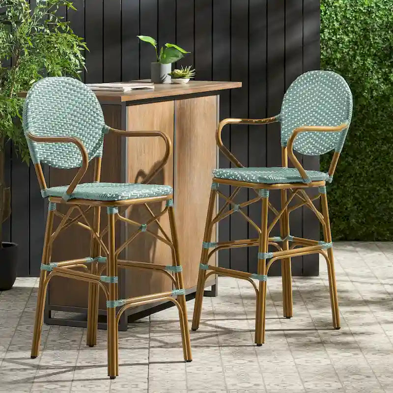 Outdoor Wicker and Aluminum Barstools, Set of 2