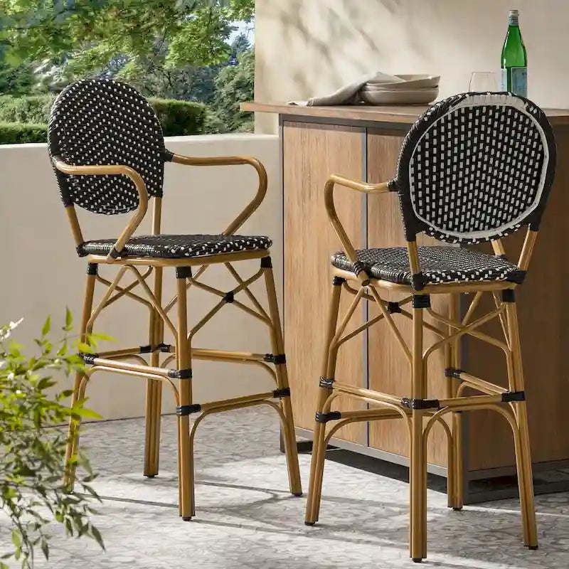 Outdoor Wicker and Aluminum Barstools, Set of 2
