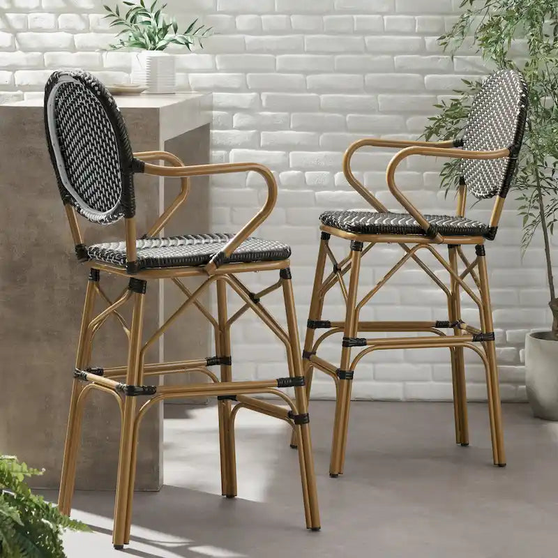 Outdoor Wicker and Aluminum Barstools, Set of 2