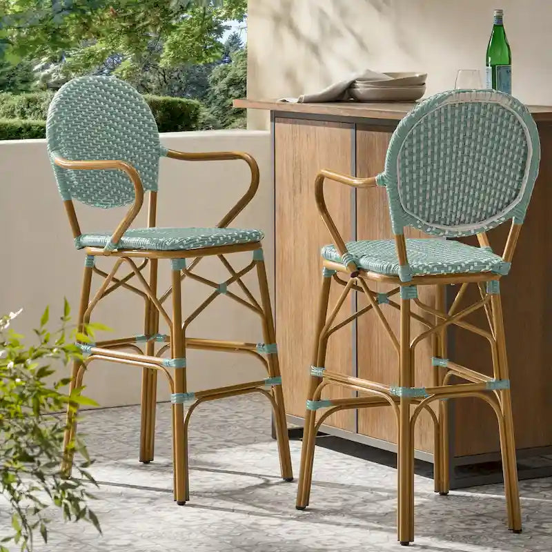 Outdoor Wicker and Aluminum Barstools, Set of 2