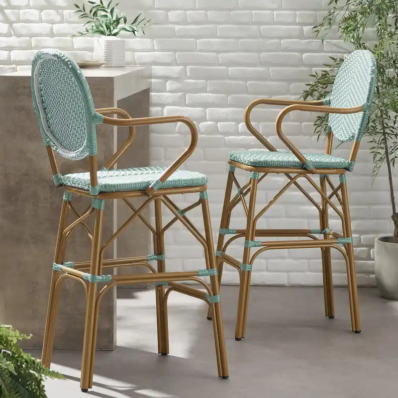 Outdoor Wicker and Aluminum Barstools, Set of 2