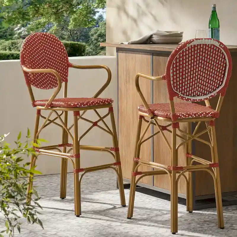 Outdoor Wicker and Aluminum Barstools, Set of 2