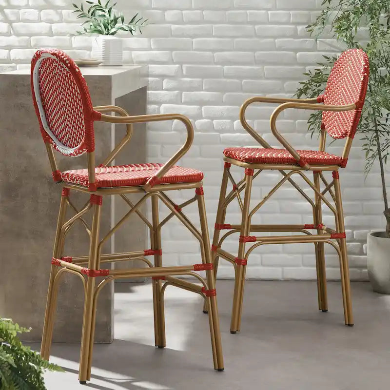 Outdoor Wicker and Aluminum Barstools, Set of 2
