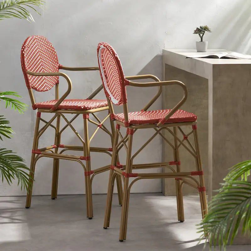 Outdoor Wicker and Aluminum Barstools, Set of 2