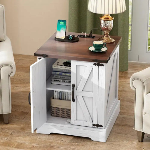 19.6 Wide Modern Adjustable End Table with Charging Station, 2 AC Outlets and 2 USB Ports, Suitable for Bedroom, Living Room
