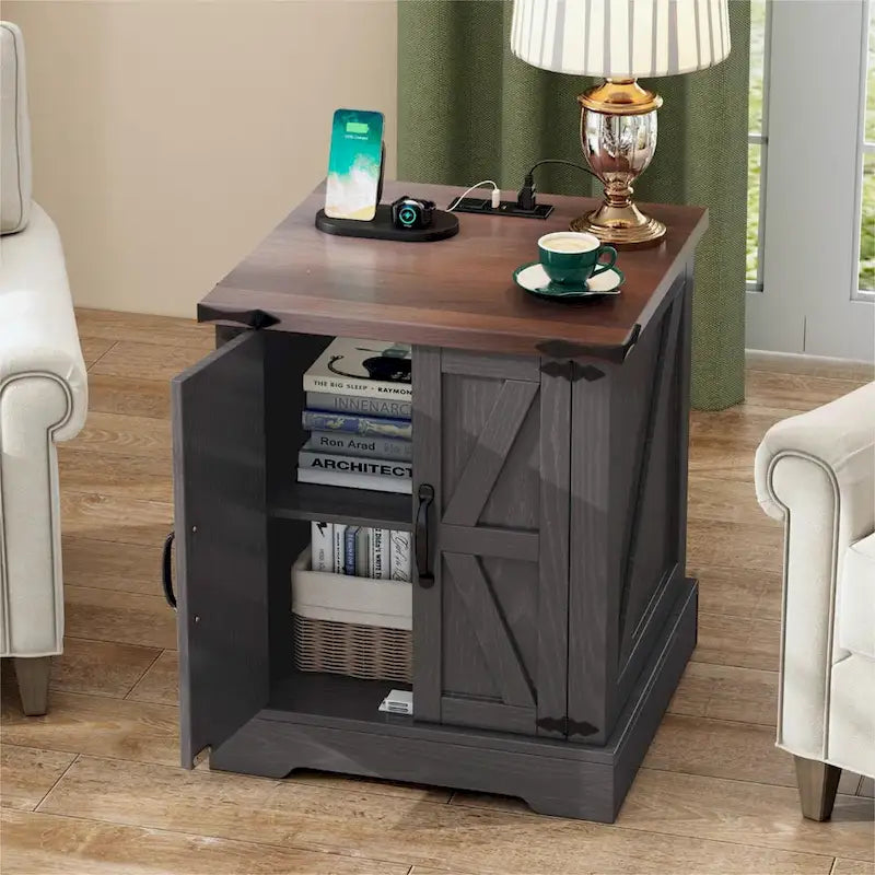19.6 Wide Modern Adjustable End Table with Charging Station, 2 AC Outlets and 2 USB Ports, Suitable for Bedroom, Living Room