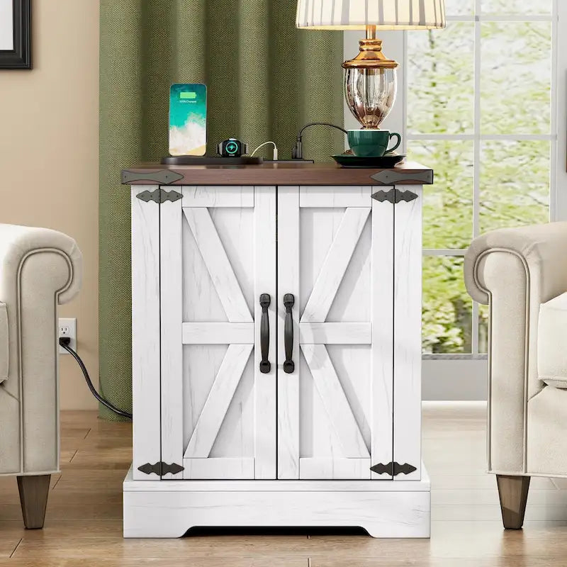 19.6 Wide Modern Adjustable End Table with Charging Station, 2 AC Outlets and 2 USB Ports, Suitable for Bedroom, Living Room
