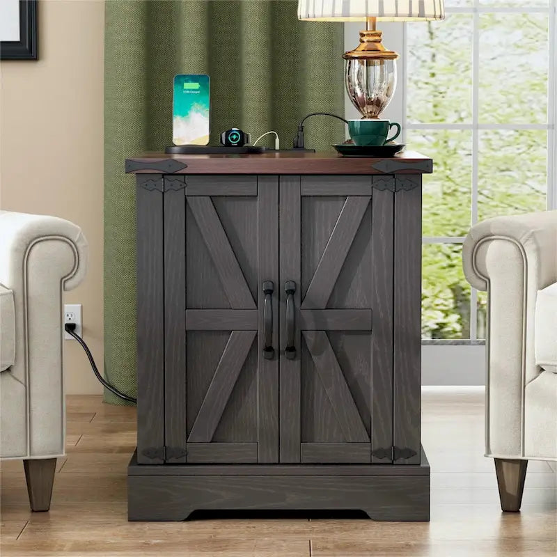 19.6 Wide Modern Adjustable End Table with Charging Station, 2 AC Outlets and 2 USB Ports, Suitable for Bedroom, Living Room