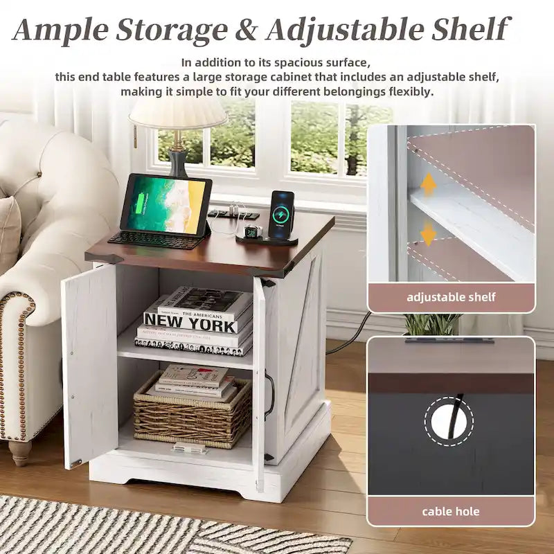 19.6 Wide Modern Adjustable End Table with Charging Station, 2 AC Outlets and 2 USB Ports, Suitable for Bedroom, Living Room