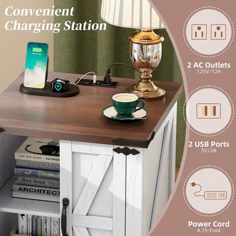 19.6 Wide Modern Adjustable End Table with Charging Station, 2 AC Outlets and 2 USB Ports, Suitable for Bedroom, Living Room