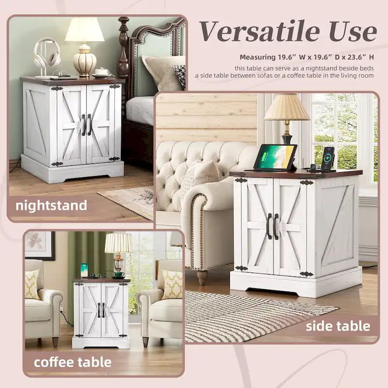 19.6 Wide Modern Adjustable End Table with Charging Station, 2 AC Outlets and 2 USB Ports, Suitable for Bedroom, Living Room