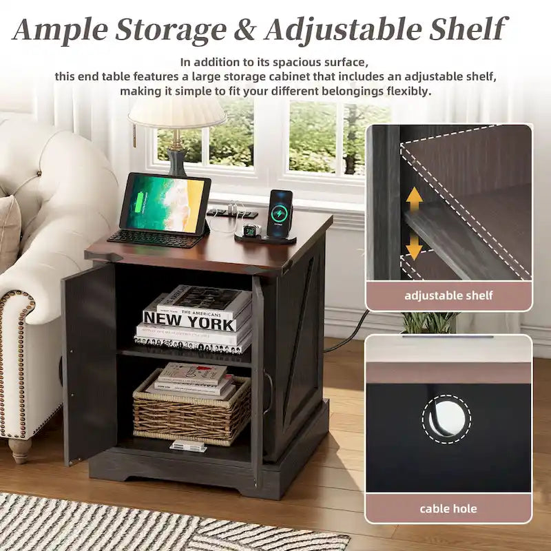 19.6 Wide Modern Adjustable End Table with Charging Station, 2 AC Outlets and 2 USB Ports, Suitable for Bedroom, Living Room