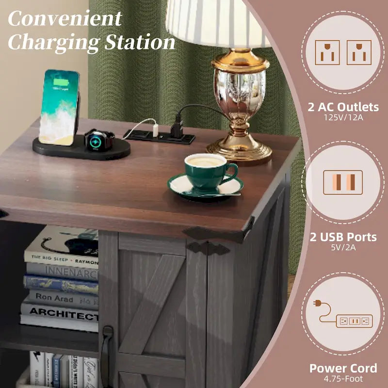 19.6 Wide Modern Adjustable End Table with Charging Station, 2 AC Outlets and 2 USB Ports, Suitable for Bedroom, Living Room