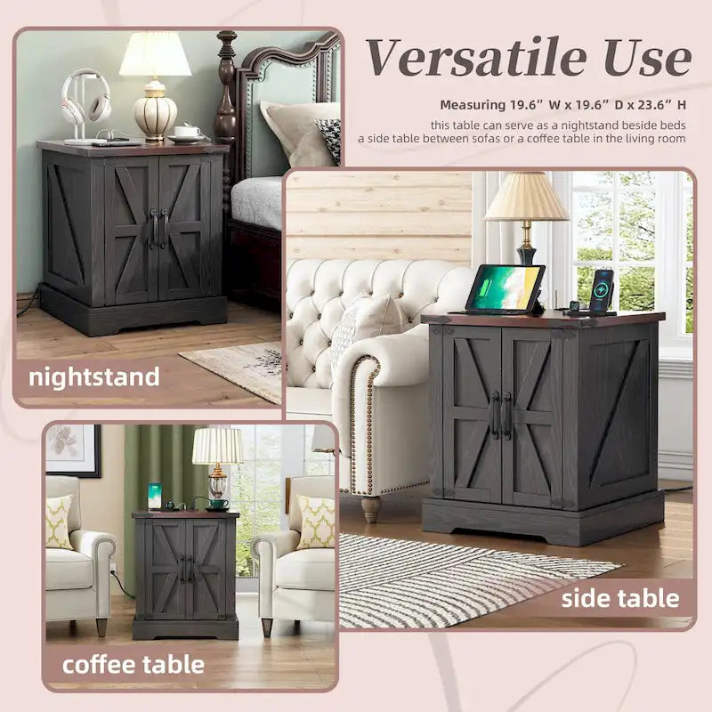 19.6 Wide Modern Adjustable End Table with Charging Station, 2 AC Outlets and 2 USB Ports, Suitable for Bedroom, Living Room