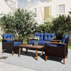 4-Piece Modern Outdoor Garden Seating Set, Rattan Sofa with Wooden Legs and Cushions, Suitable for Outdoor Patio Balcony