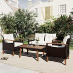 4-Piece Modern Outdoor Garden Seating Set, Rattan Sofa with Wooden Legs and Cushions, Suitable for Outdoor Patio Balcony