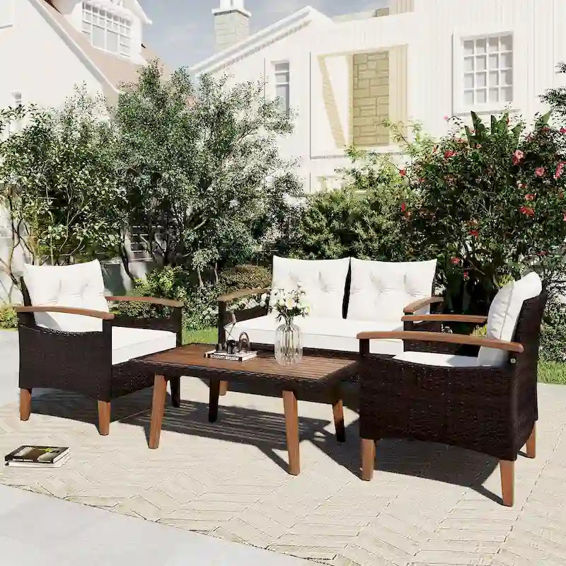4-Piece Modern Outdoor Garden Seating Set, Rattan Sofa with Wooden Legs and Cushions, Suitable for Outdoor Patio Balcony