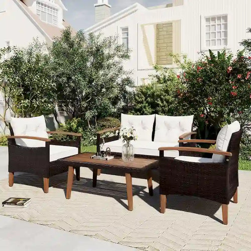 4-Piece Modern Outdoor Garden Seating Set, Rattan Sofa with Wooden Legs and Cushions, Suitable for Outdoor Patio Balcony