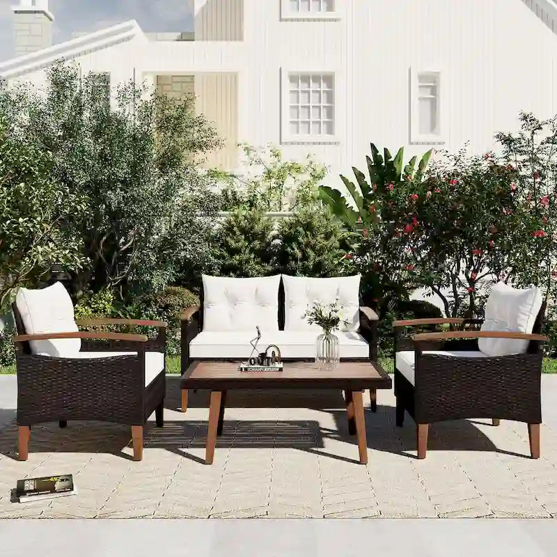 4-Piece Modern Outdoor Garden Seating Set, Rattan Sofa with Wooden Legs and Cushions, Suitable for Outdoor Patio Balcony