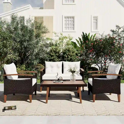 4-Piece Modern Outdoor Garden Seating Set, Rattan Sofa with Wooden Legs and Cushions, Suitable for Outdoor Patio Balcony