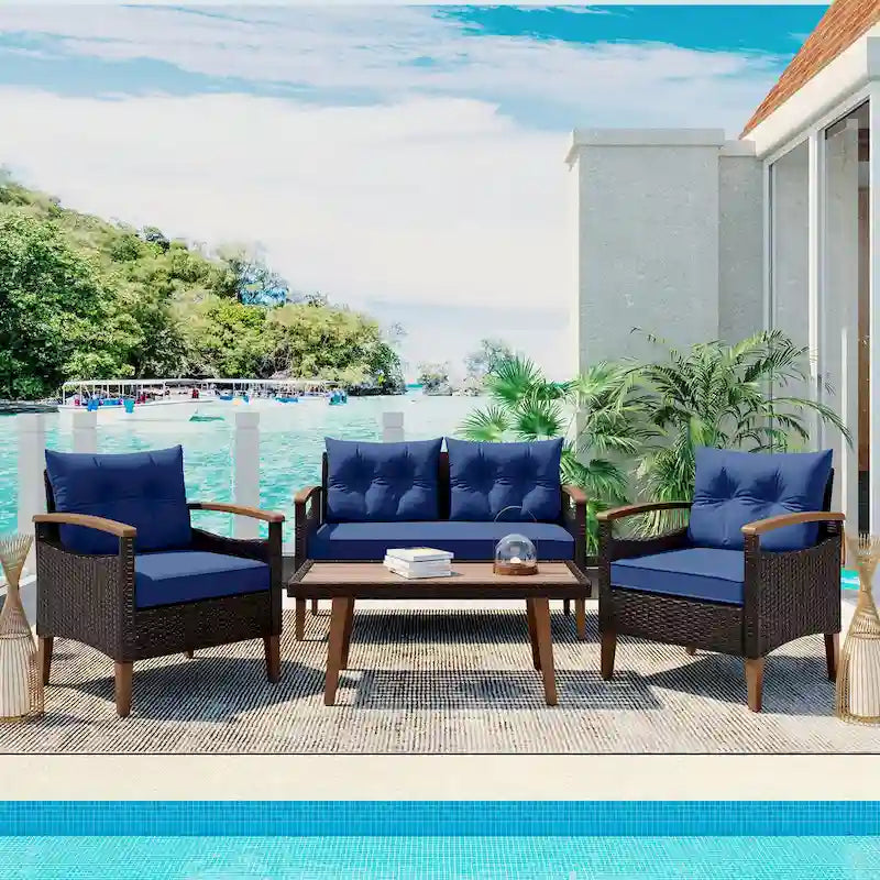4-Piece Modern Outdoor Garden Seating Set, Rattan Sofa with Wooden Legs and Cushions, Suitable for Outdoor Patio Balcony