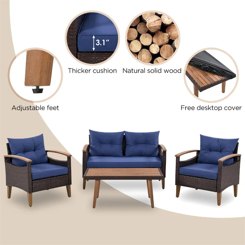 4-Piece Modern Outdoor Garden Seating Set, Rattan Sofa with Wooden Legs and Cushions, Suitable for Outdoor Patio Balcony