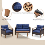 4-Piece Modern Outdoor Garden Seating Set, Rattan Sofa with Wooden Legs and Cushions, Suitable for Outdoor Patio Balcony