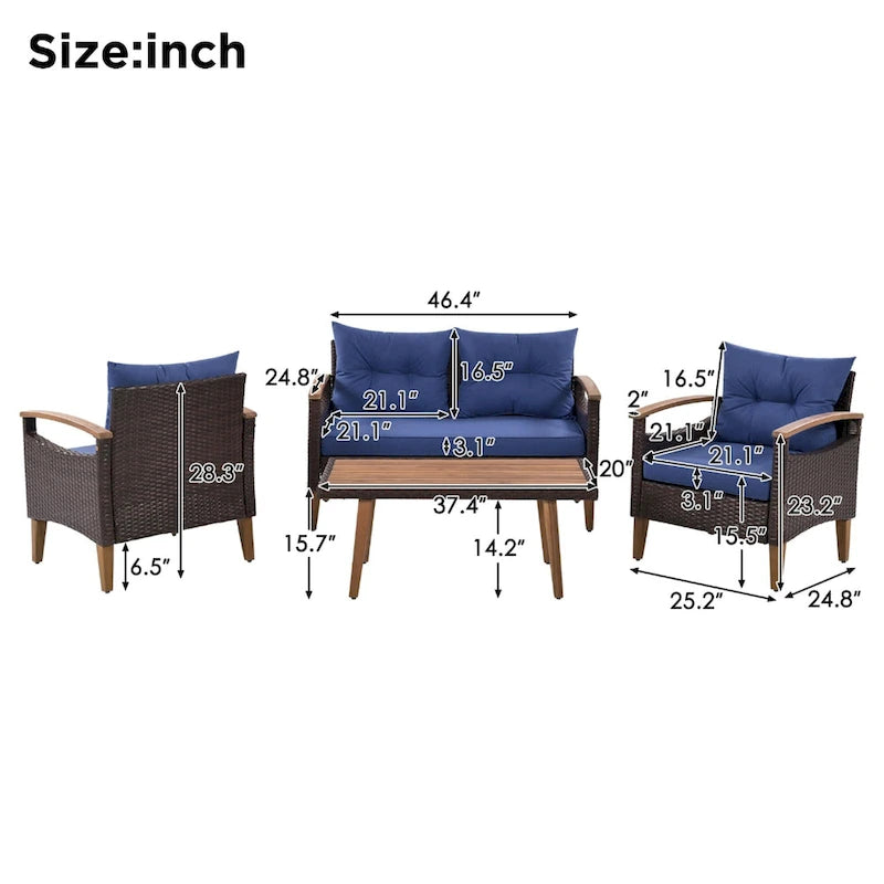 4-Piece Modern Outdoor Garden Seating Set, Rattan Sofa with Wooden Legs and Cushions, Suitable for Outdoor Patio Balcony