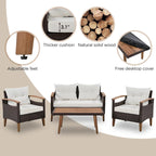 4-Piece Modern Outdoor Garden Seating Set, Rattan Sofa with Wooden Legs and Cushions, Suitable for Outdoor Patio Balcony