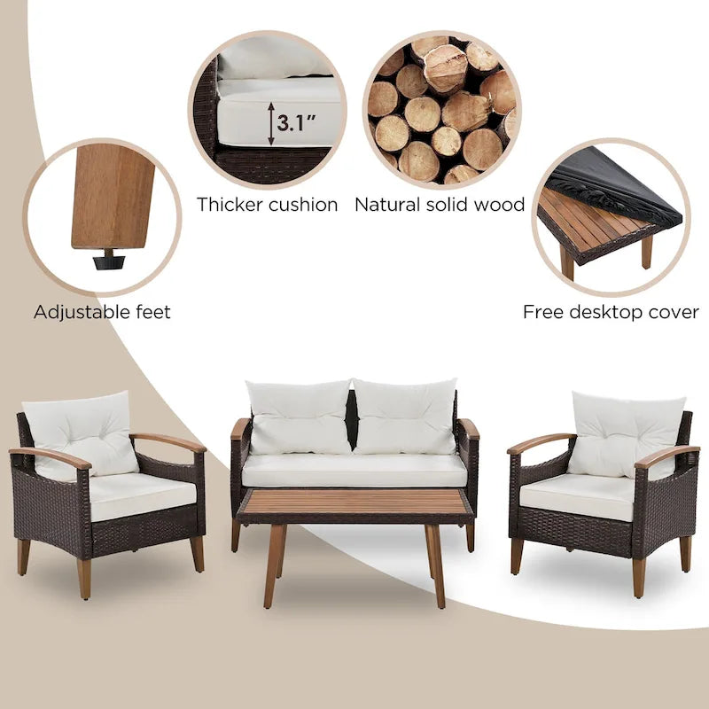 4-Piece Modern Outdoor Garden Seating Set, Rattan Sofa with Wooden Legs and Cushions, Suitable for Outdoor Patio Balcony