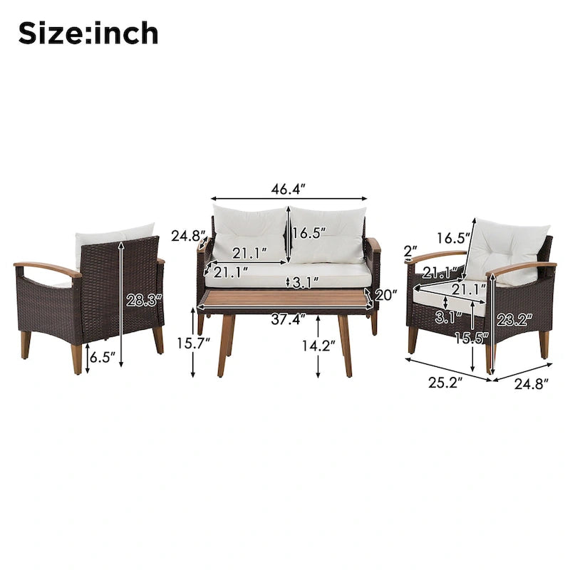 4-Piece Modern Outdoor Garden Seating Set, Rattan Sofa with Wooden Legs and Cushions, Suitable for Outdoor Patio Balcony