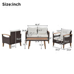 4-Piece Modern Outdoor Garden Seating Set, Rattan Sofa with Wooden Legs and Cushions, Suitable for Outdoor Patio Balcony