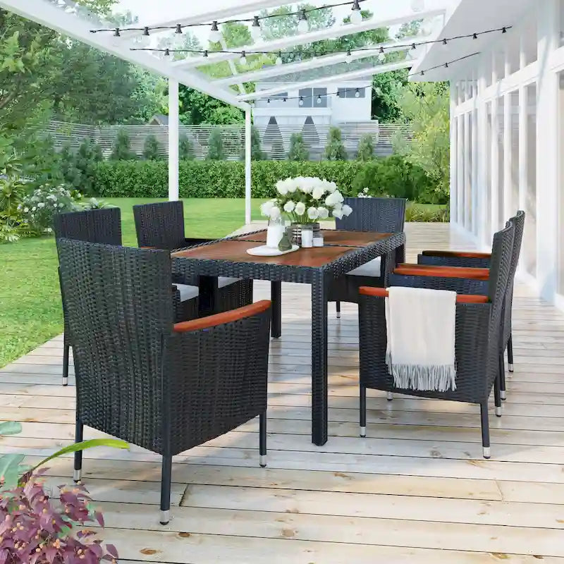 Modern 7-Piece Outdoor Rattan Dining Set, Upholstered Chairs with Armrests and Backrests, Ideal for Backyard, Garden, and Patio