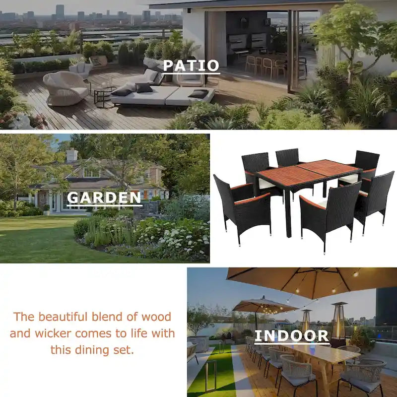 Modern 7-Piece Outdoor Rattan Dining Set, Upholstered Chairs with Armrests and Backrests, Ideal for Backyard, Garden, and Patio