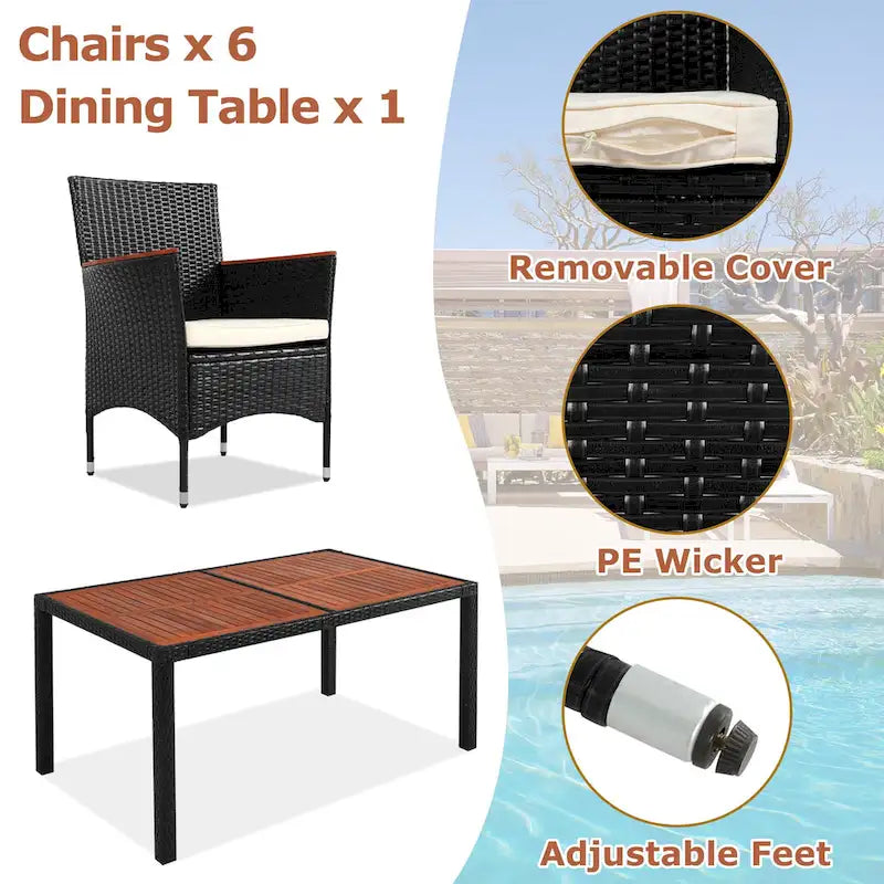 Modern 7-Piece Outdoor Rattan Dining Set, Upholstered Chairs with Armrests and Backrests, Ideal for Backyard, Garden, and Patio