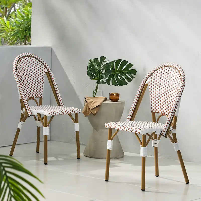 Outdoor PE Ratten and Aluminum French Bistro Chairs, Set of 2