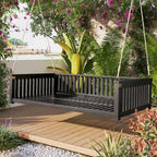 Patio Minimalist Twin Size Garden Swing Bed Wood Porch Swing with Ropes for Backyard, Safe Sloped Design
