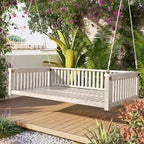 Patio Minimalist Twin Size Garden Swing Bed Wood Porch Swing with Ropes for Backyard, Safe Sloped Design