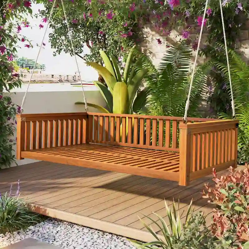 Patio Minimalist Twin Size Garden Swing Bed Wood Porch Swing with Ropes for Backyard, Safe Sloped Design