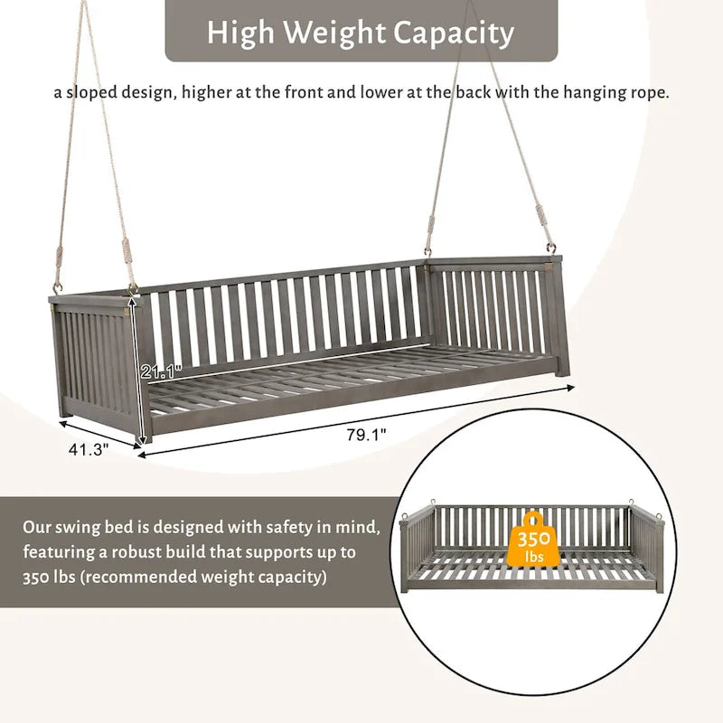 Patio Minimalist Twin Size Garden Swing Bed Wood Porch Swing with Ropes for Backyard, Safe Sloped Design