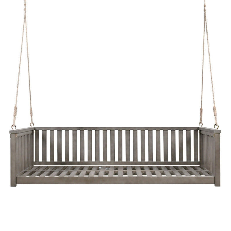 Patio Minimalist Twin Size Garden Swing Bed Wood Porch Swing with Ropes for Backyard, Safe Sloped Design