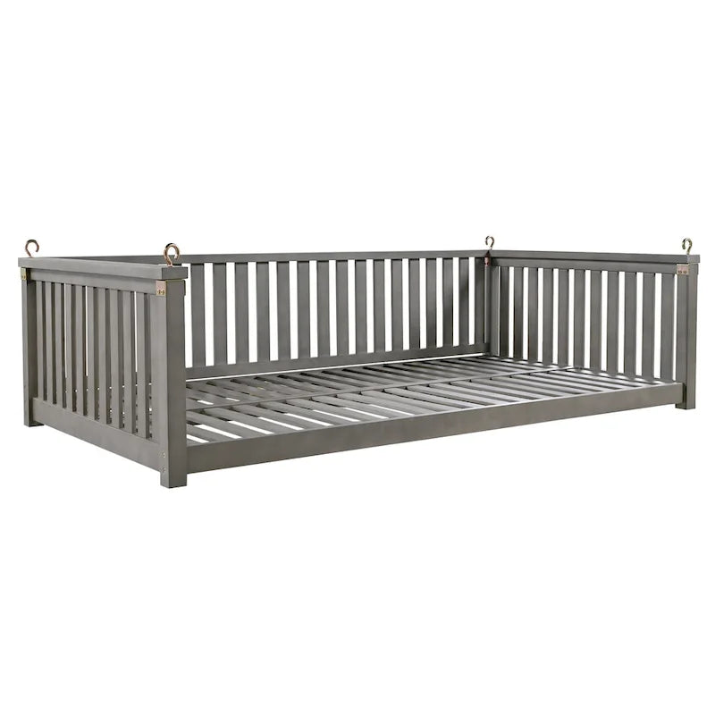 Patio Minimalist Twin Size Garden Swing Bed Wood Porch Swing with Ropes for Backyard, Safe Sloped Design