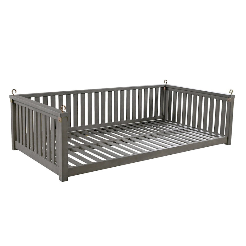 Patio Minimalist Twin Size Garden Swing Bed Wood Porch Swing with Ropes for Backyard, Safe Sloped Design