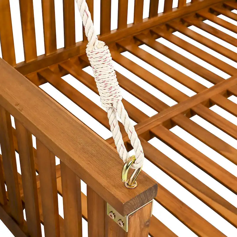 Patio Minimalist Twin Size Garden Swing Bed Wood Porch Swing with Ropes for Backyard, Safe Sloped Design
