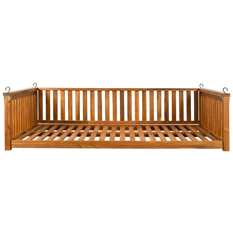 Patio Minimalist Twin Size Garden Swing Bed Wood Porch Swing with Ropes for Backyard, Safe Sloped Design